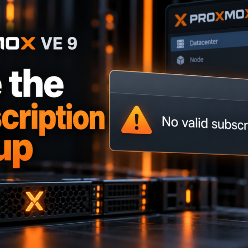 Illustration for a Proxmox VE 9 guide showing how to hide the “No valid subscription” popup.
