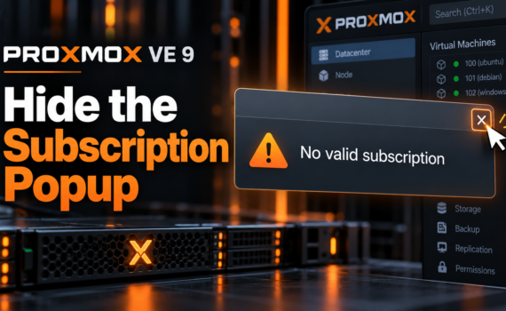 Illustration for a Proxmox VE 9 guide showing how to hide the “No valid subscription” popup.