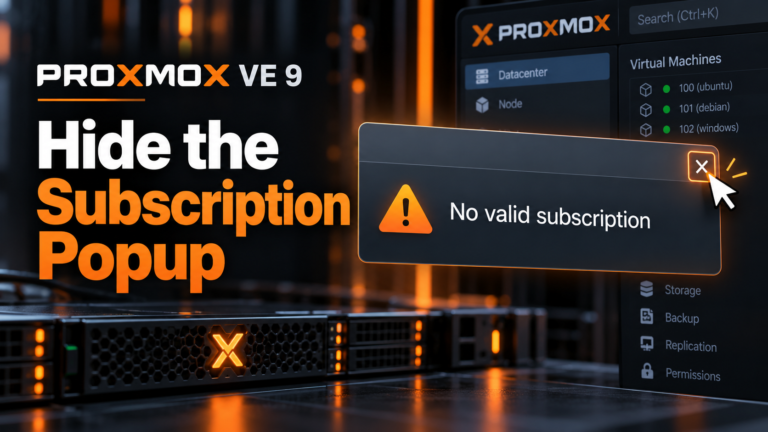 Illustration for a Proxmox VE 9 guide showing how to hide the “No valid subscription” popup.